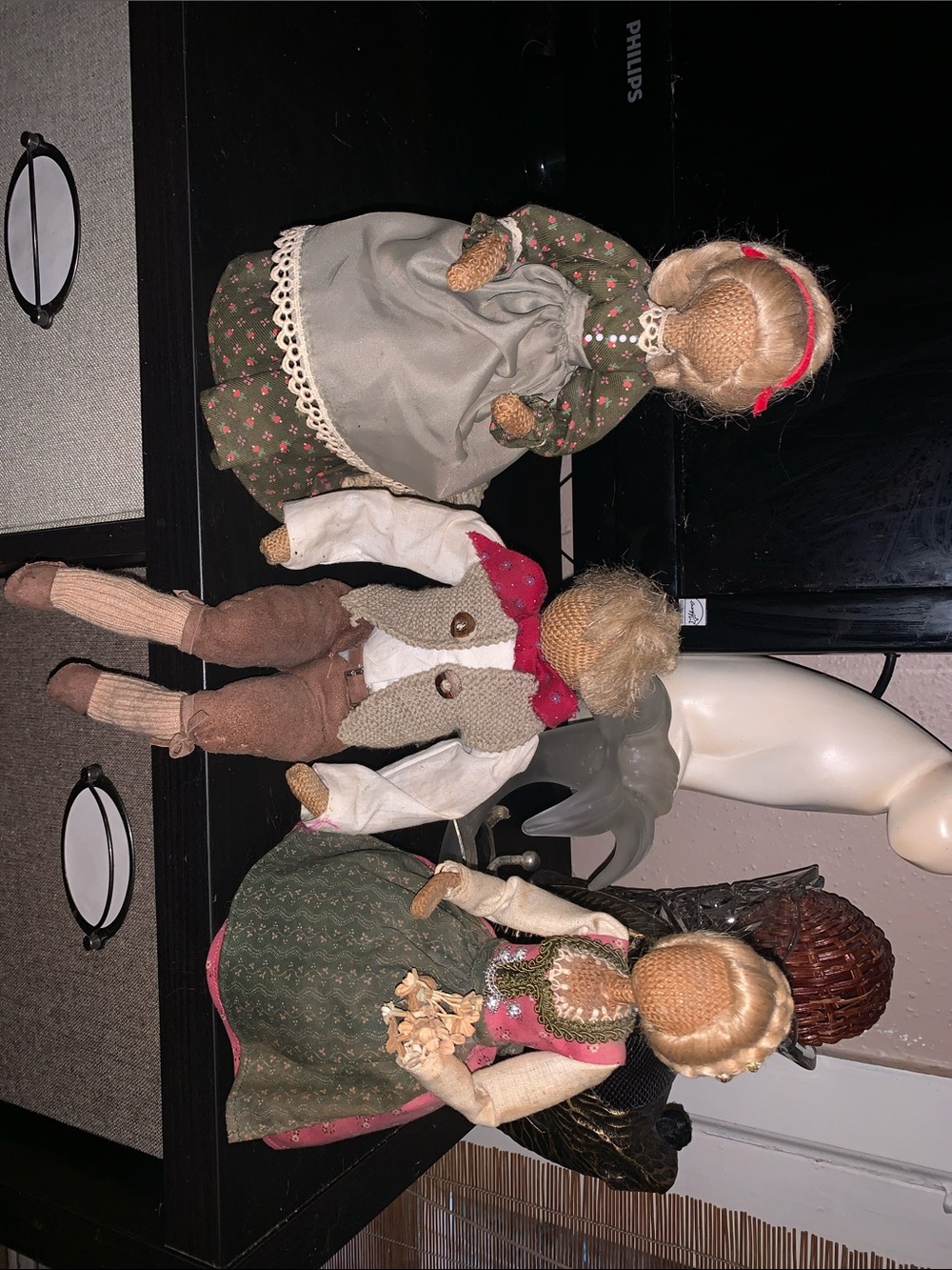 Handcrafted Fiber Art Doll Trio in Green, Brown & Pink